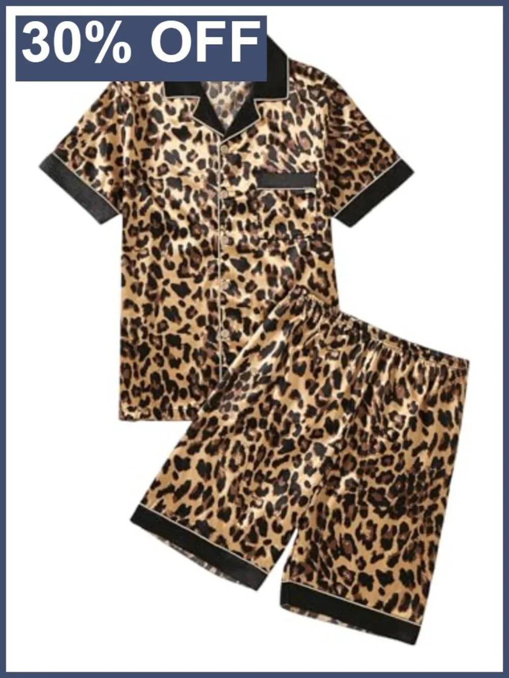 Men's 2 Piece Leopard Print Satin Pajama Set Short Sleeve Button Down Lounge
